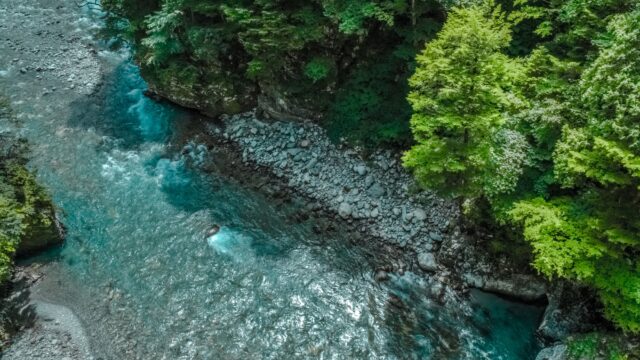 body of water between gray stone ground and green trees during daytime